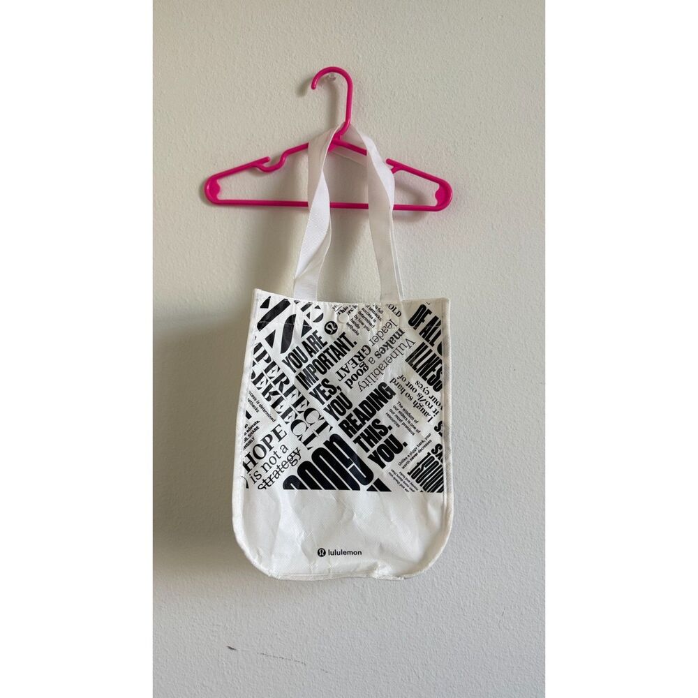 Lululemon Reusable Shopper Tote Bag White Black Typography Quote Graphic